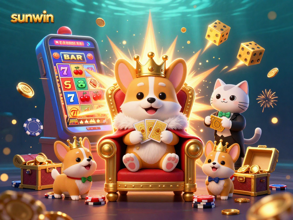 Exciting scene of sunwin's royal corgi surrounded by jackpot slot elements and vibrant casino games.