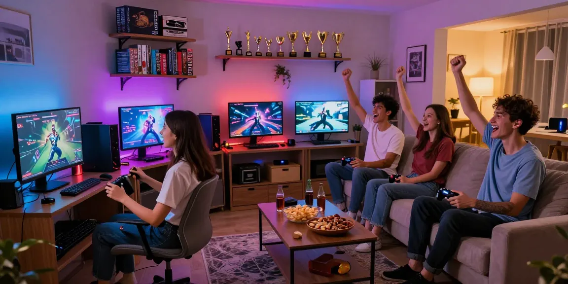 Friends enjoying an exciting gaming session with 68gamebai in a stylish living room setting.