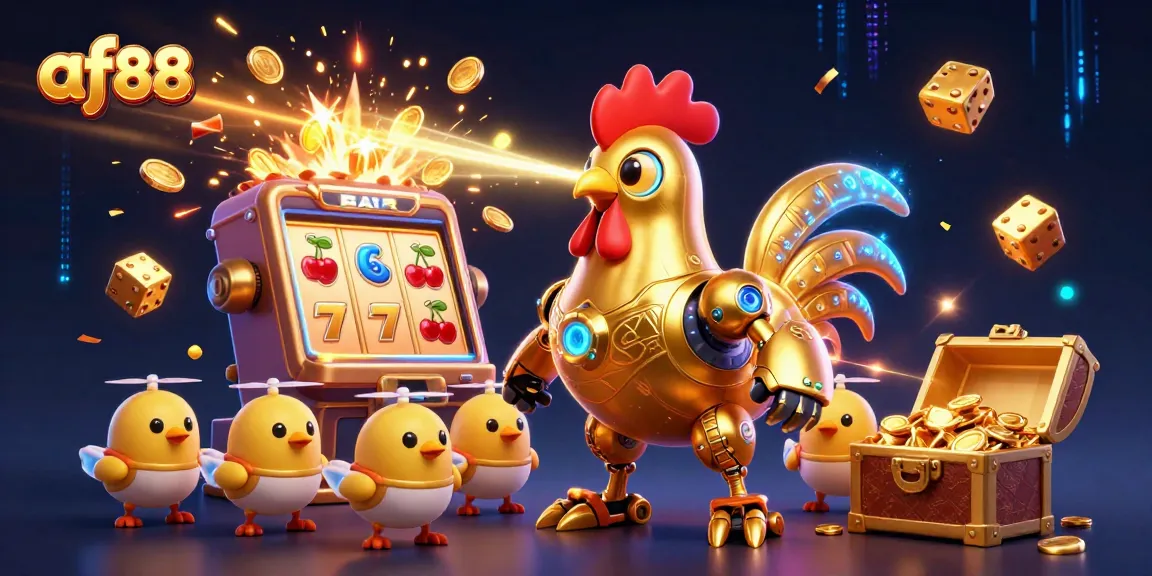 Engage with af88's thrilling slot experience featuring a golden rooster robot and baby chick drones.