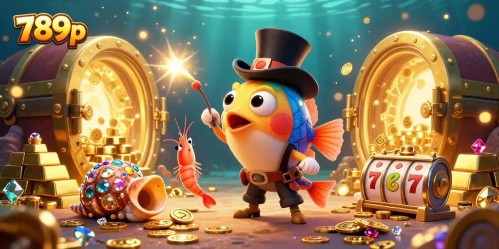 Engage with 789p's vibrant casino scene featuring an anglerfish and pirate shrimp.
