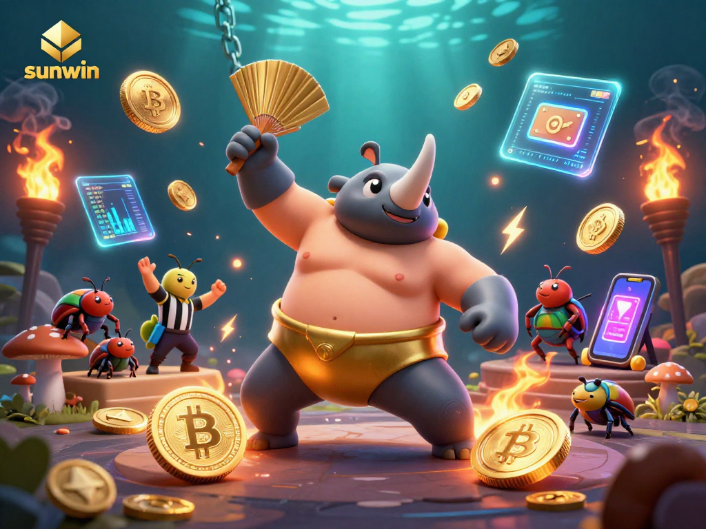 Experience the excitement of sunwin with a captivating 3D beetle sumo champion scene filled with gold coins and crypto.