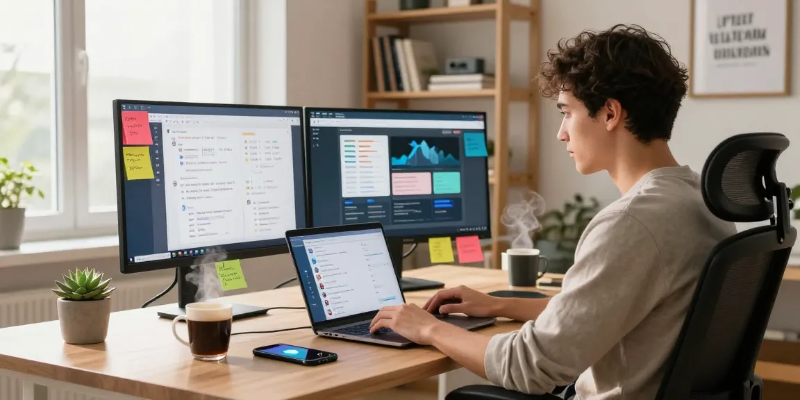 Using Telegram Web Version in a modern home workspace, showcasing productivity.