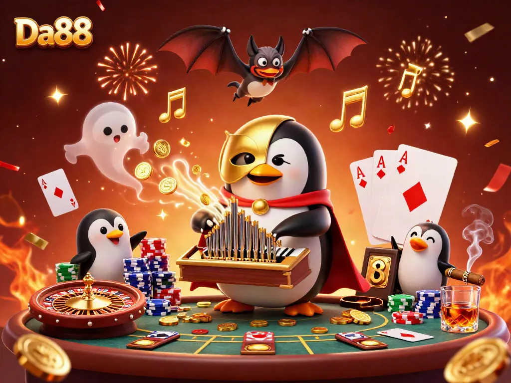 Experience thrilling casino action with Da88 featuring a whimsical penguin and gold coins.