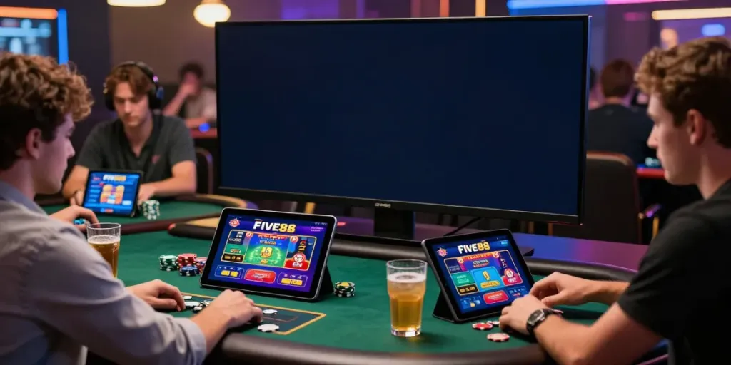 Engaging players enjoying the FIVE88 online gaming experience on multiple devices in a vibrant atmosphere.