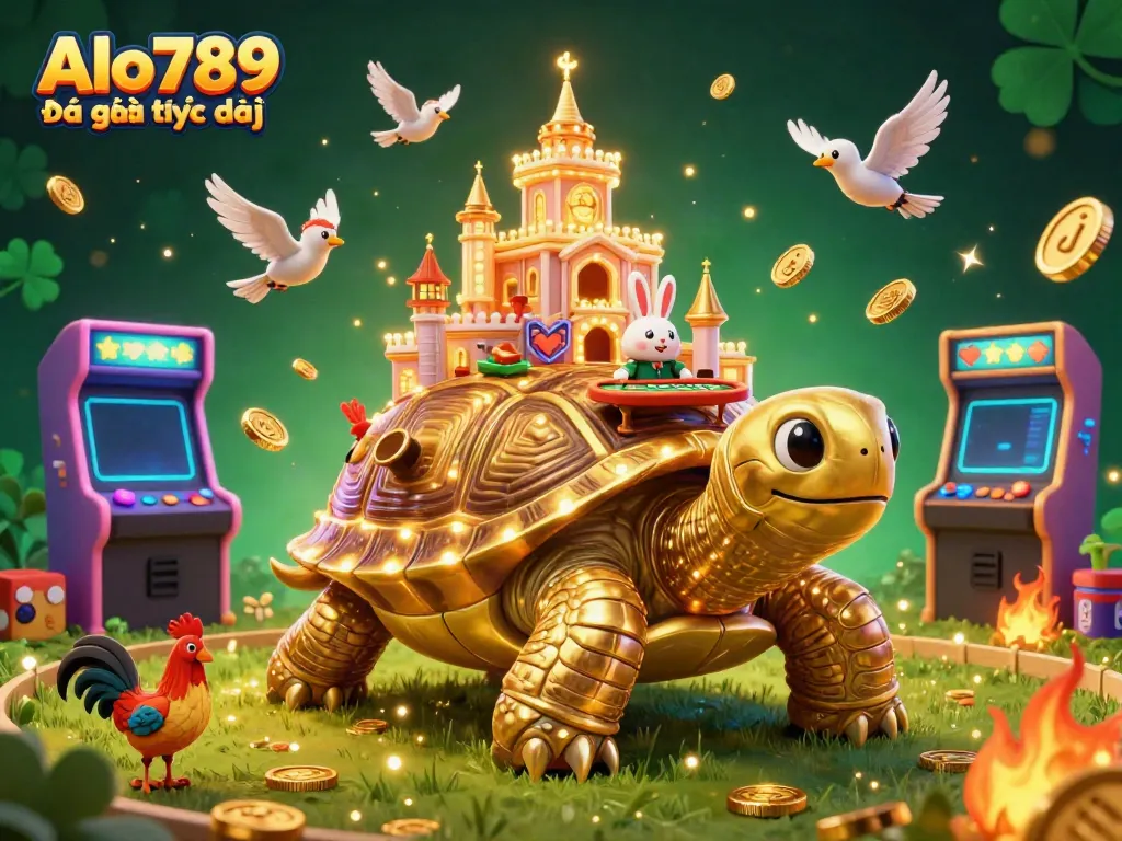 Alo789 Đá gà trực tiếp illustration with a golden tortoise casino and a rabbit dealer amidst lively cockfighting elements.