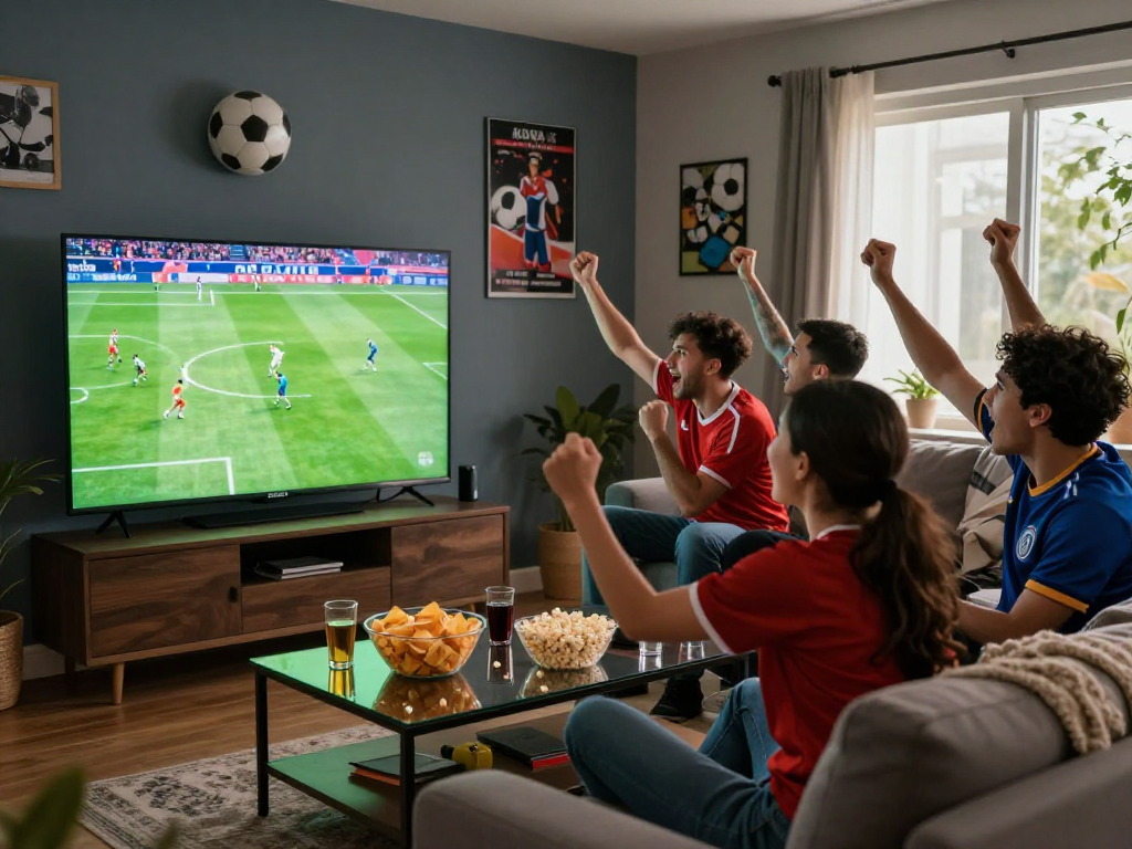 Friends enjoying a live match on Kora live in a cozy living room with snacks and excitement.