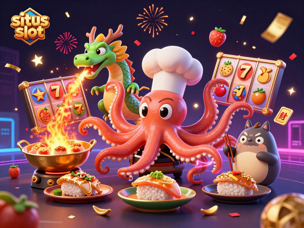 Engage with situs slot through an exciting illustration featuring lucky 7s, dynamic slot reels, and vibrant casino characters.