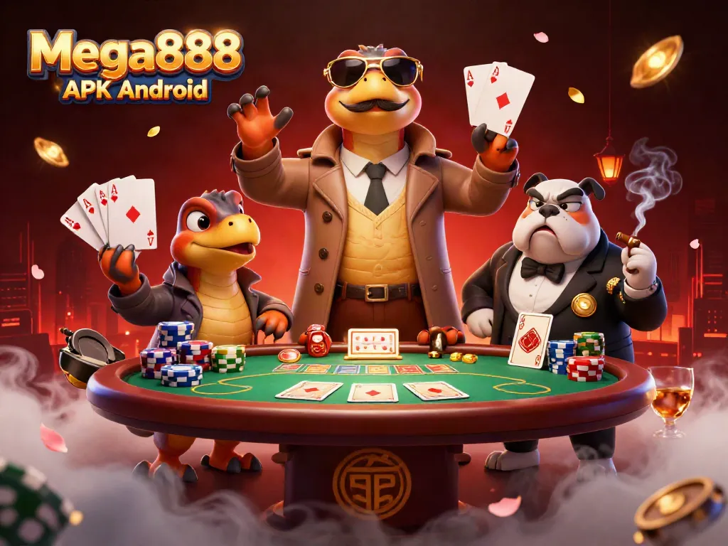 Experience Mega888 APK Android with raptors in a trench coat entering a VIP lounge, full of casino games.
