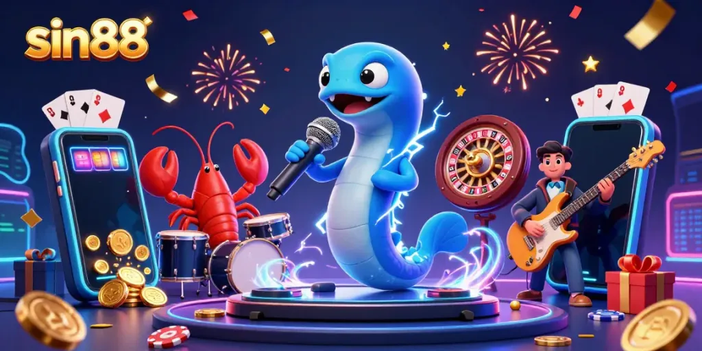 Experience the thrill of sin88 with a dynamic underwater casino scene featuring electrifying characters and vibrant slot games.