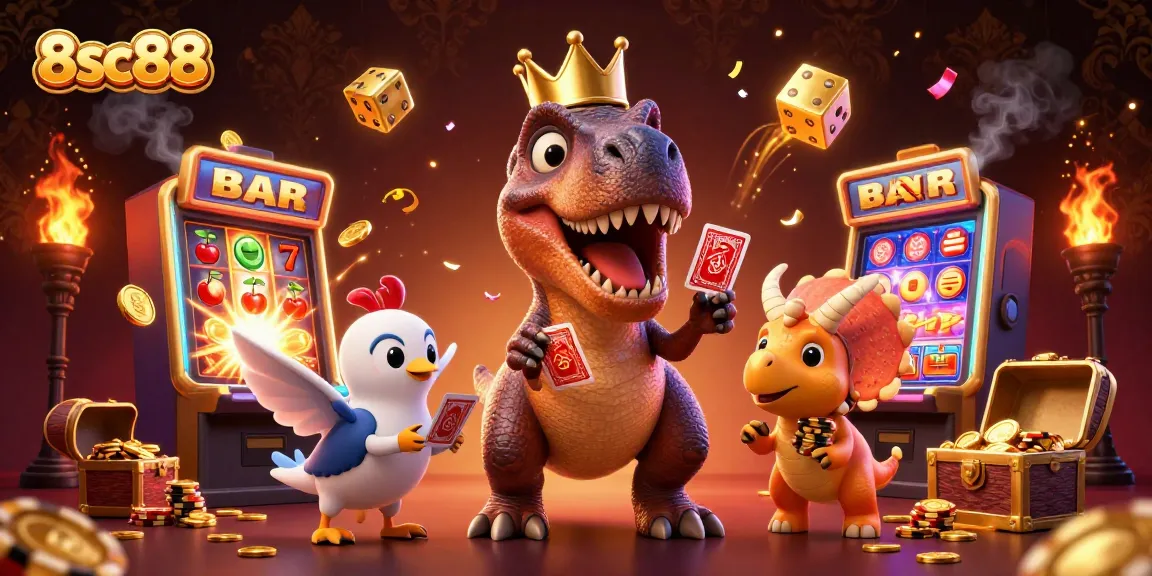 Engage with thrilling casino action at 8sc88 while the T-Rex shuffles cards amidst jackpot explosions.