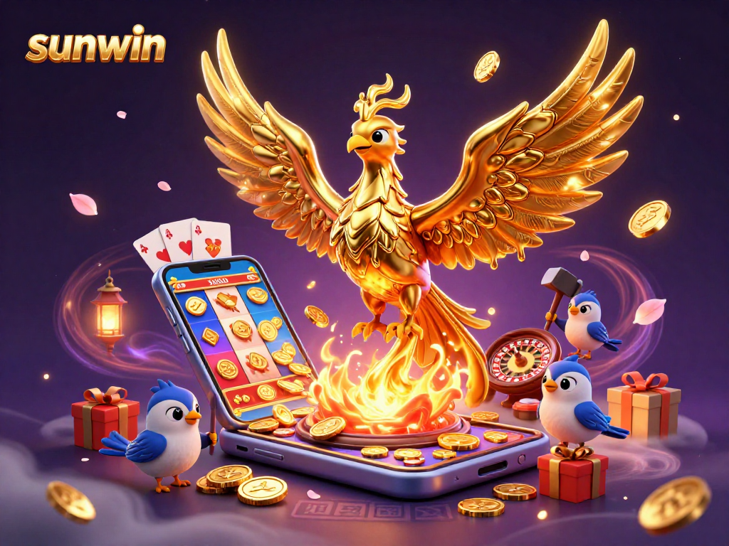 Activate sunwin's gaming skills with this vibrant 3D illustration of a phoenix and a slot game.