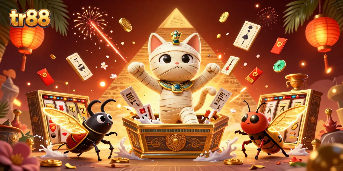 Experience thrilling moments at tr88 with a cartoon Egyptian mummy cat and golden gaming elements in a vibrant casino.