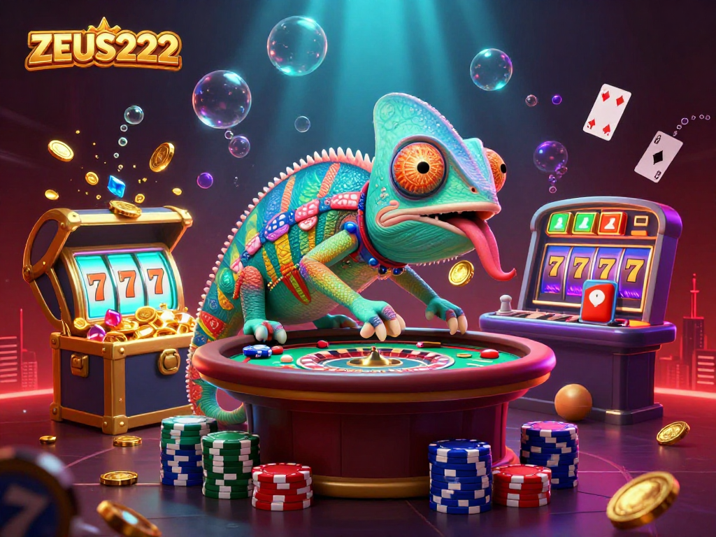 ZEUS222 chameleon casino owner collects coins amidst vibrant slot elements and treasure.