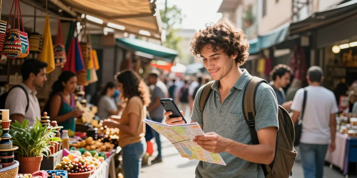 Traveler comparing Coupons eSIM options at colorful market, showcasing vibrant culture.