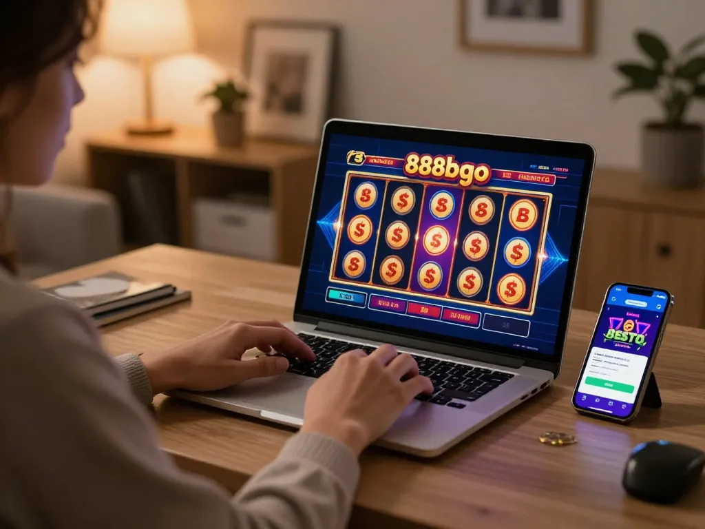 Engaging online gameplay on 888bgo showcasing vibrant slot graphics on a laptop setup.