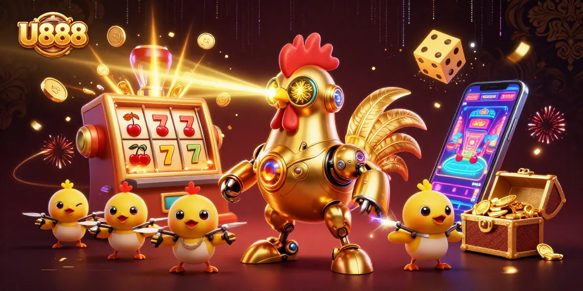Engage in thrilling U888 gameplay with a futuristic golden rooster robot amidst cascading jackpot symbols.