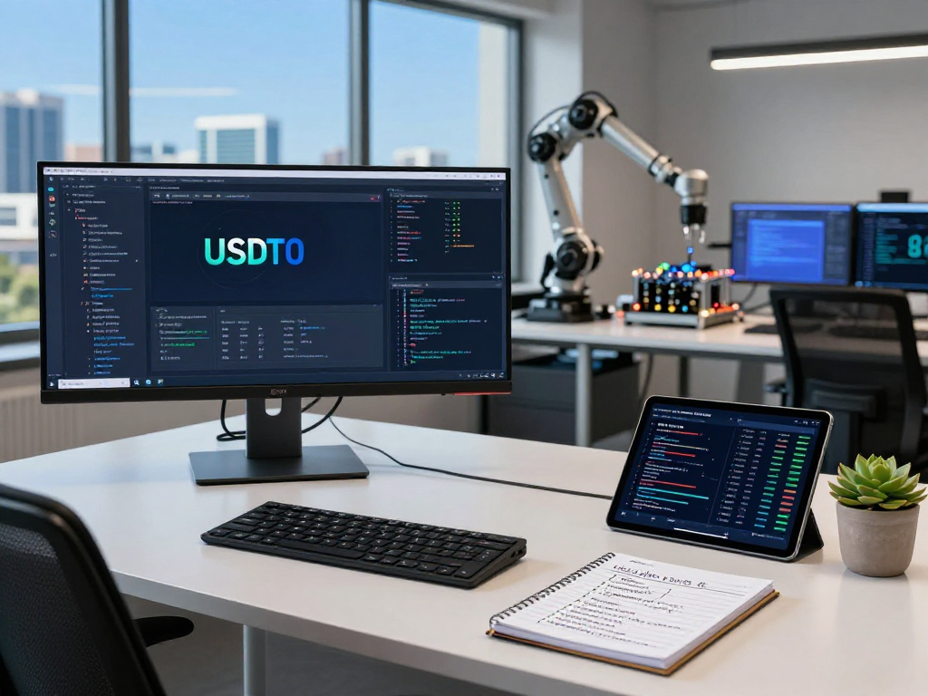 Developer interacting with USDT0 interface in a modern tech workspace enhancing cross-chain finance.