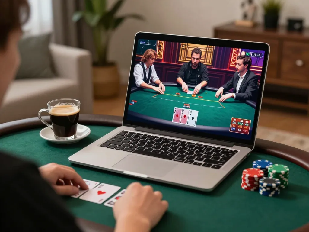 Engaging online poker session on a laptop capturing the excitement of 98win vin's gameplay dynamics.