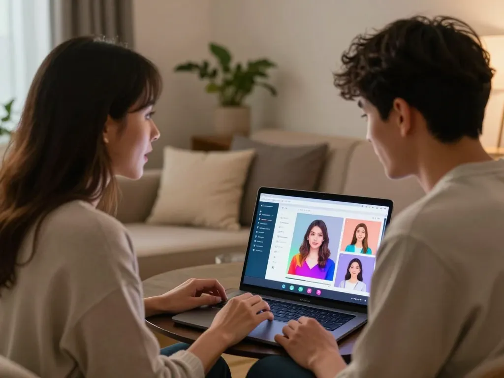 Young man interacting with AI gf customization platform in cozy setting