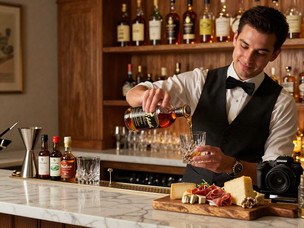 Weller Antique 107 Bourbon pour in an elegant home bar setting with gourmet offerings.