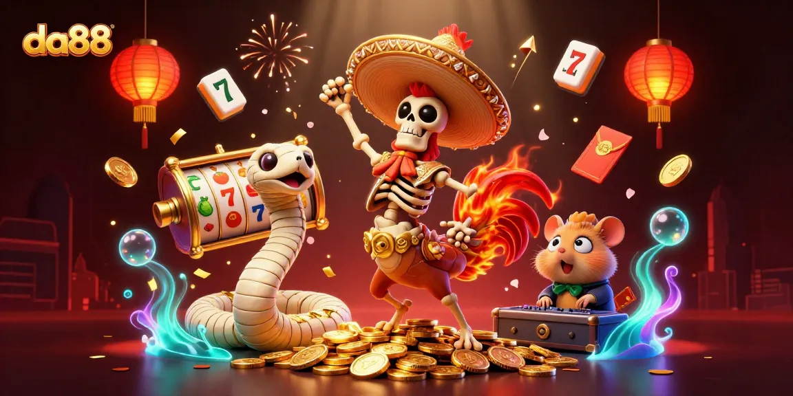 Engage with the da88 casino world featuring a mariachi rooster, mummy snake, and DJ hamster in vibrant celebration.