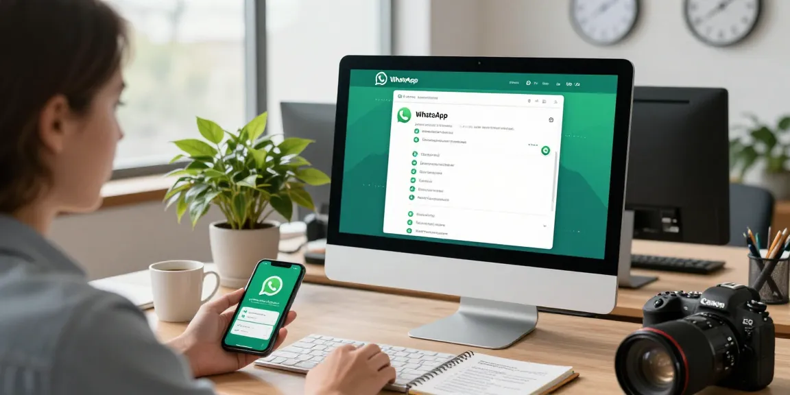 Using WhatsApp網頁版 on a desktop with smartphone notifications, capturing communication in a modern workspace.