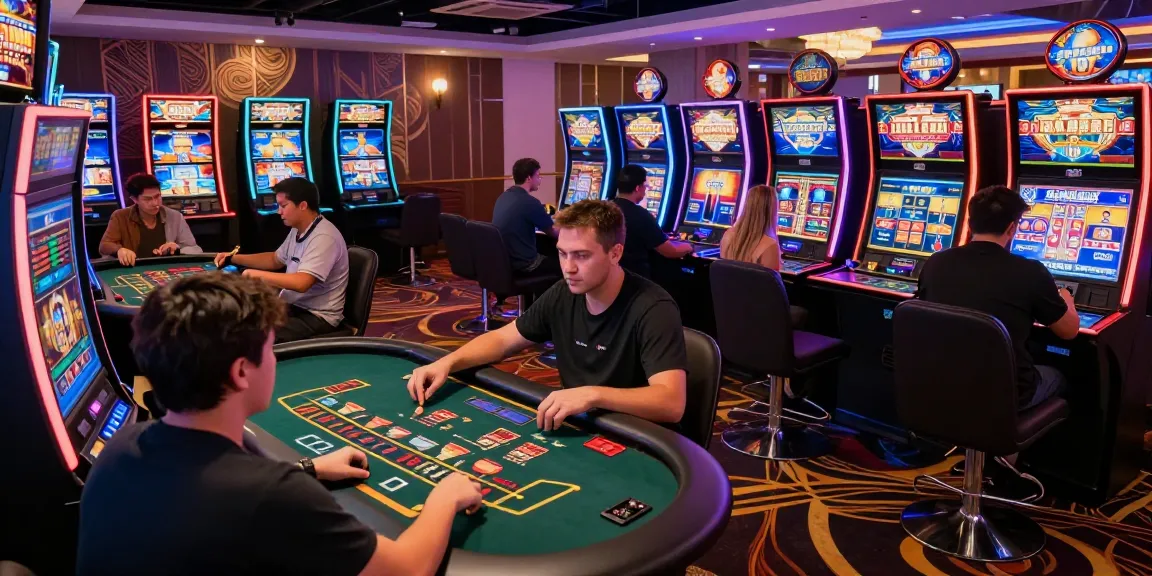 Scena coinvolgente di giocatori in un vivace casino digitale non AAMS, con giochi interattivi e tecnologia di gioco moderna.