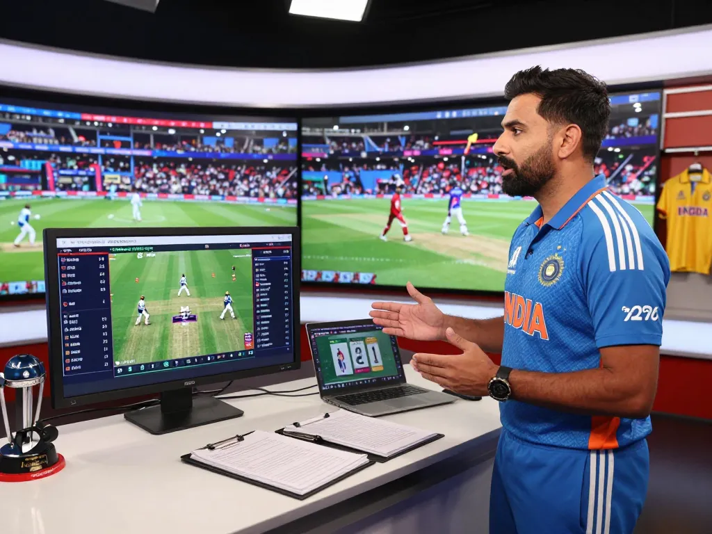 Crickex app login screen displayed during T20 World Cup analysis studio session.