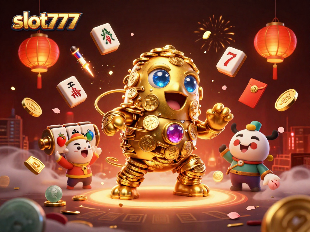 Play slot777 and engage with the golden golem amidst a rich casino atmosphere filled with vibrant elements.