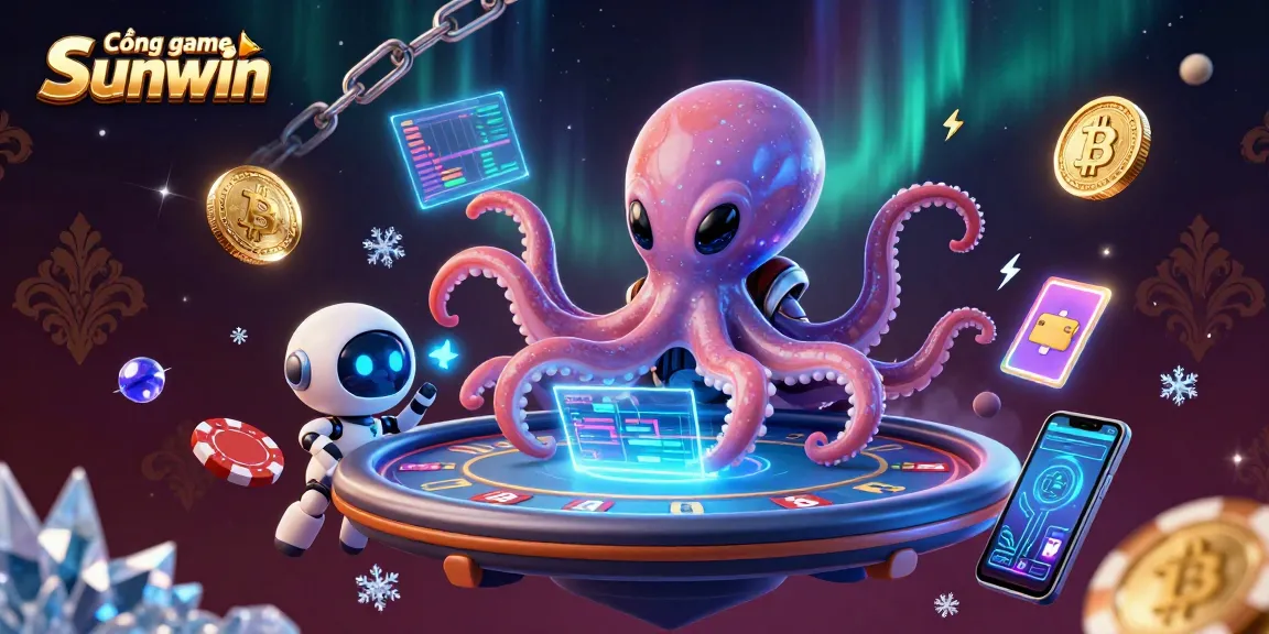 Engage with Cổng game Sunwin, featuring a whimsical scene of an alien octopus at a poker table.