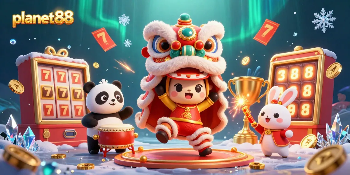 Experience the fun at planet88 with a lively lion dance and slot game elements in a colorful casino scene.