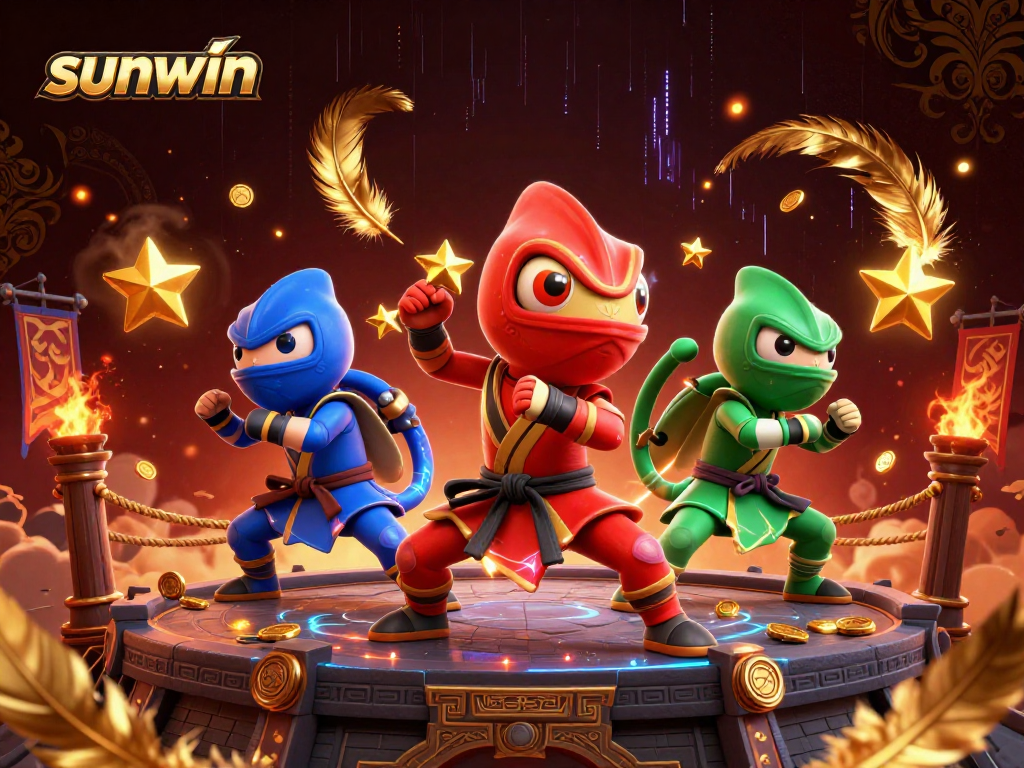 Engage with sunwin, showcasing a dynamic scene of ninja chameleons in synchronized martial arts.