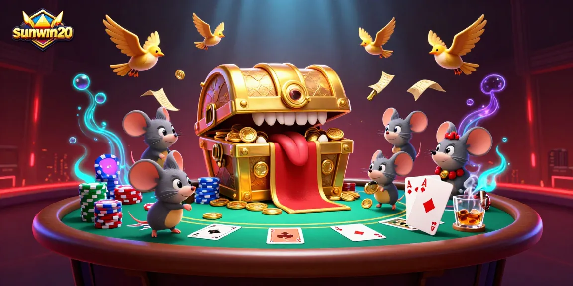 Engage with sunwin20 as adventurer mice gaze at a treasure chest among vibrant poker elements.