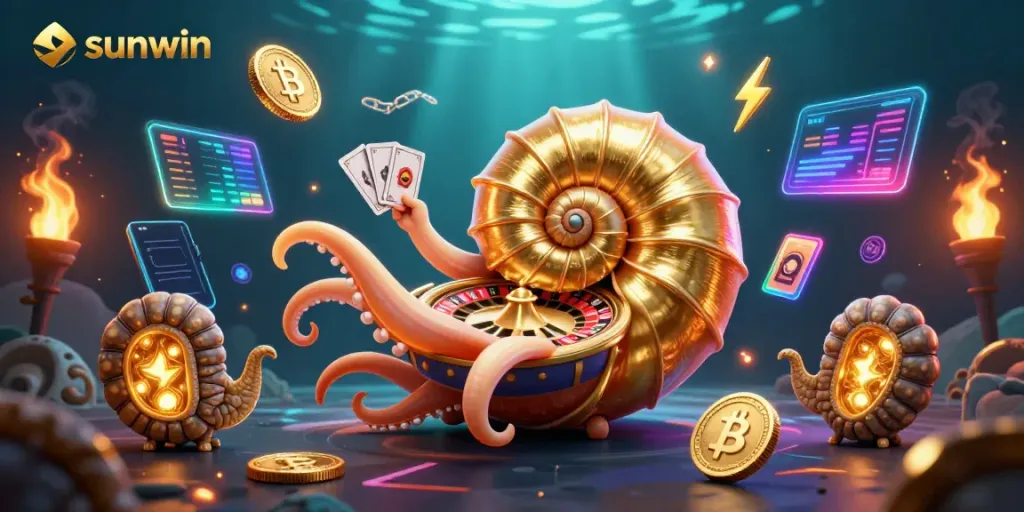 Engage with sunwin's thrilling casino experience featuring a giant nautilus as a roulette wheel.