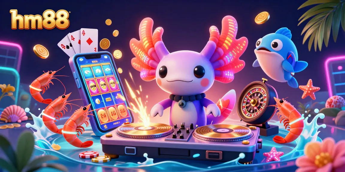 Experience vibrant gameplay at hm88 with an energetic DJ axolotl and dancing casino characters.