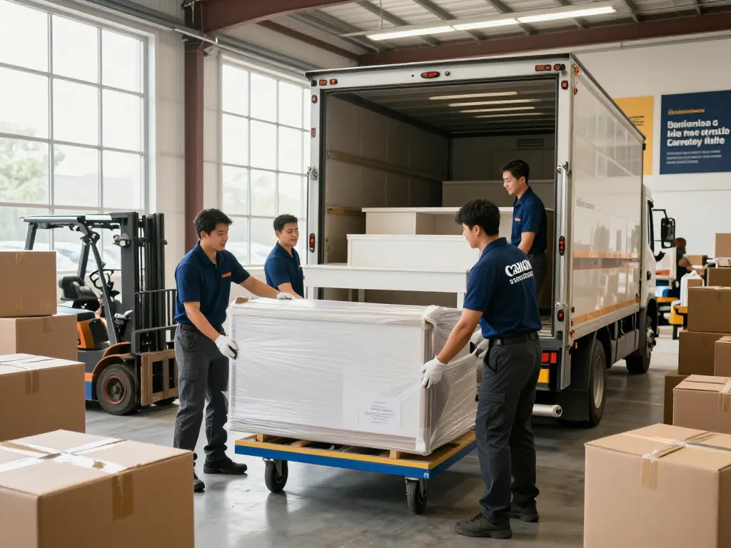 Professionelle Umzugshelfer laden einen Truck für Umzugsunternehmen Hannover, der zuverlässige Umzugsdienste präsentiert.