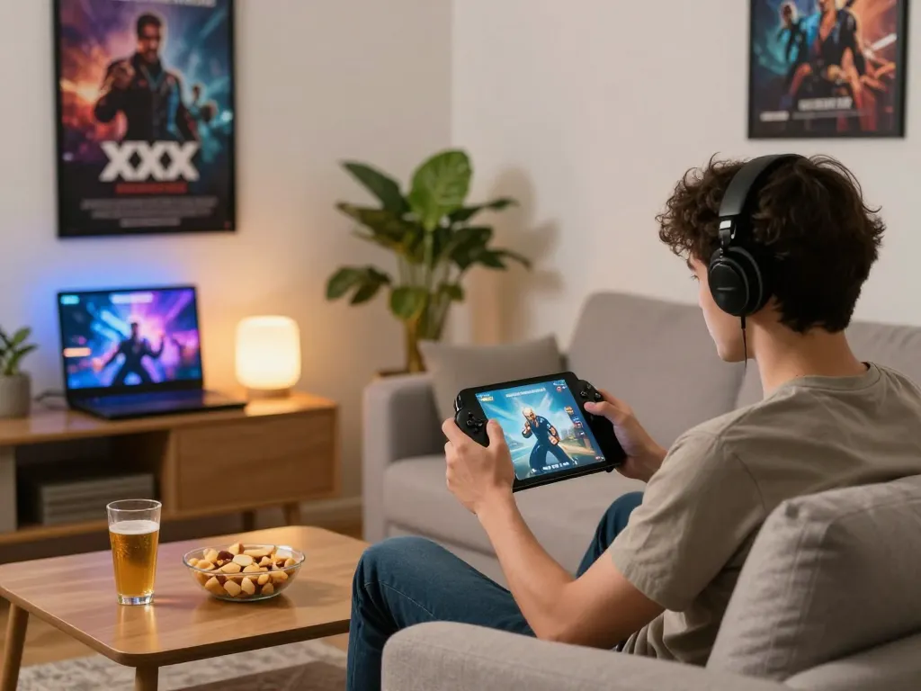Engaged player enjoying xxx games on tablet in a cozy living room