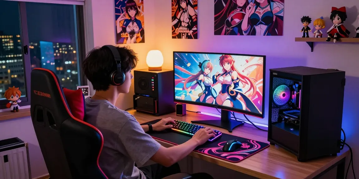 Gamer immersed in hentai games on a high-end PC in a cozy bedroom.
