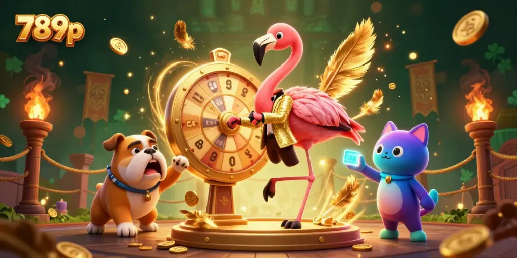 Experience the thrill of 789p in this vibrant casino scene featuring a flamboyant game show host and enthusiastic players.