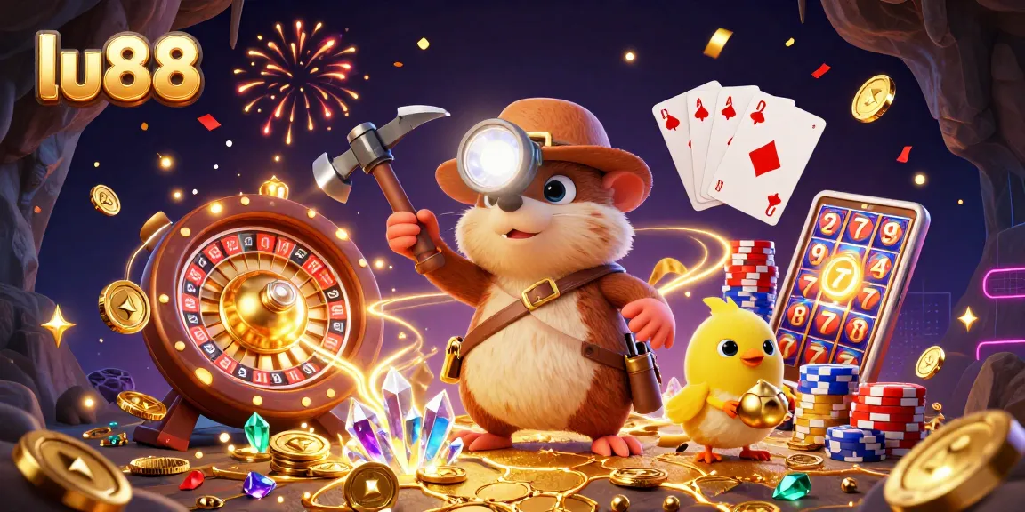 Experience thrilling wins with lu88 as golden coins and gems fly in this vibrant casino scene.