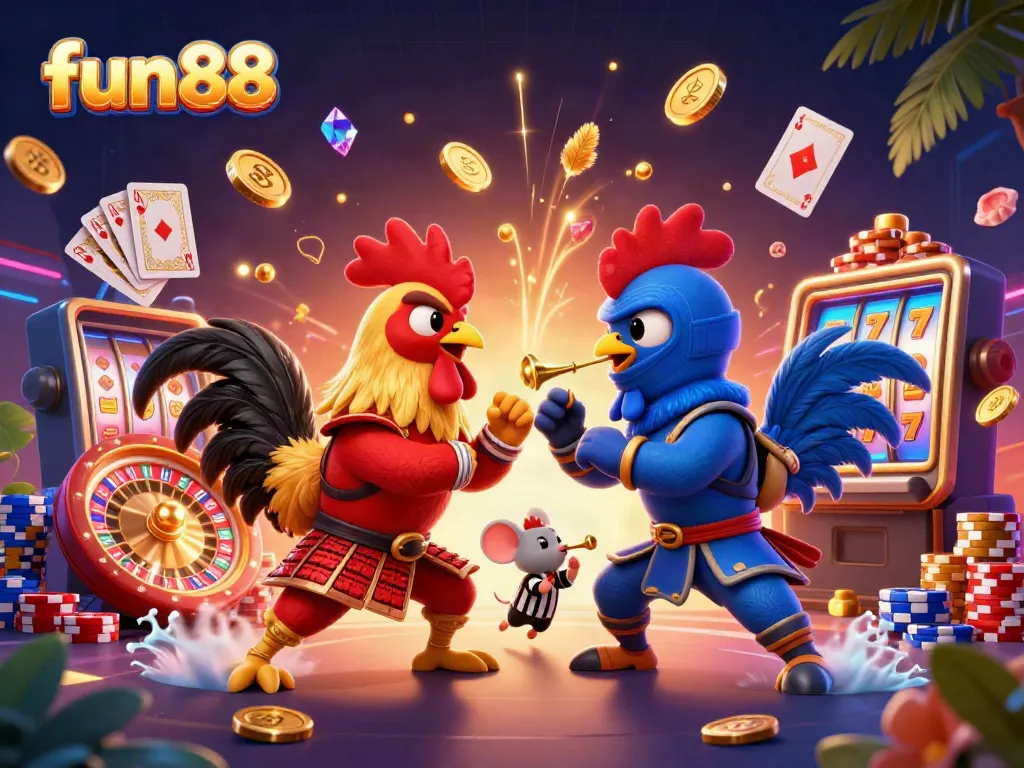 fun88 features an epic showdown between twin roosters in intricate armor, dynamic casino elements scattered around