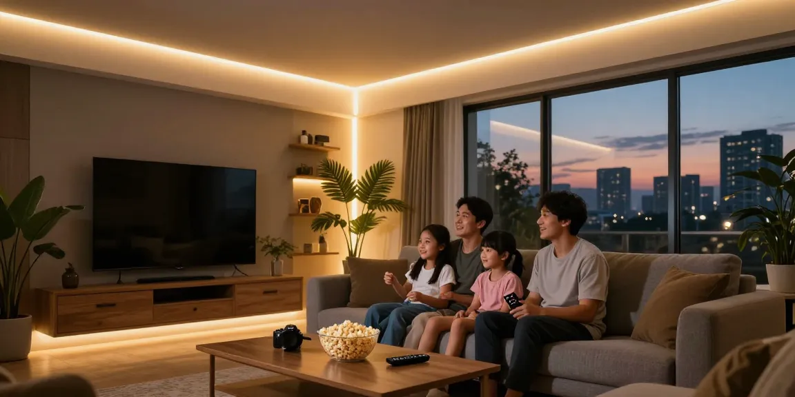 Benzile LED iluminate un interior modern, creând o atmosferă caldă pentru o seară de film în familie.