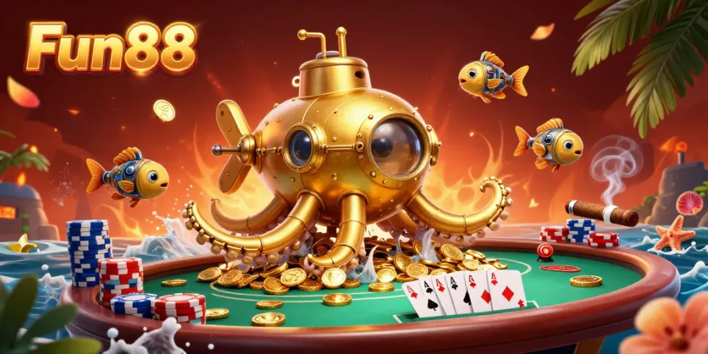 Experience Fun88's vibrant gaming scene with a golden kraken surfacing among poker chips and coins.