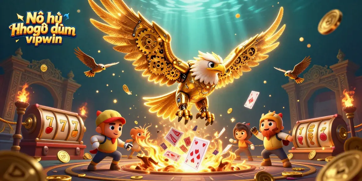 Nổ hũ hoàng kim vipwin showcases a vibrant 3D illustration of a cybernetic eagle soaring through vibrant playing cards, capturing thrilling jackpot excitement.