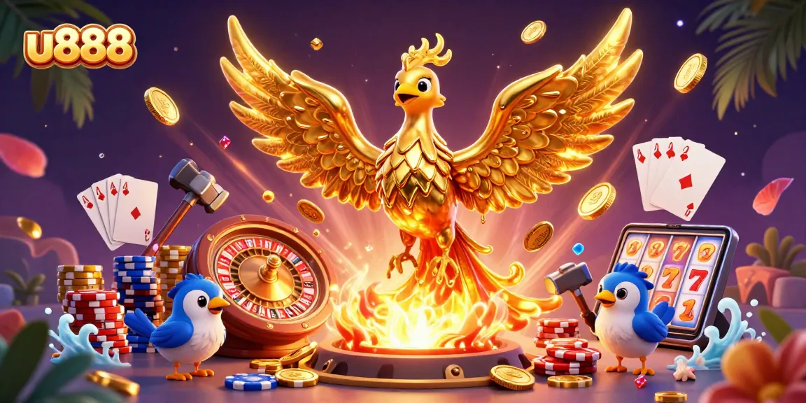 Experience thrilling gaming at u888 with a majestic phoenix and a vibrant casino scene.