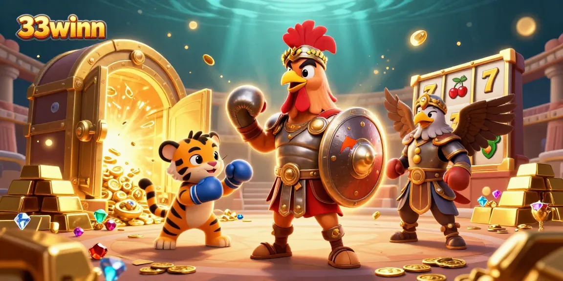 Engage with 33winn's exciting casino scene featuring a gladiator rooster, tiger cub, and eagle.