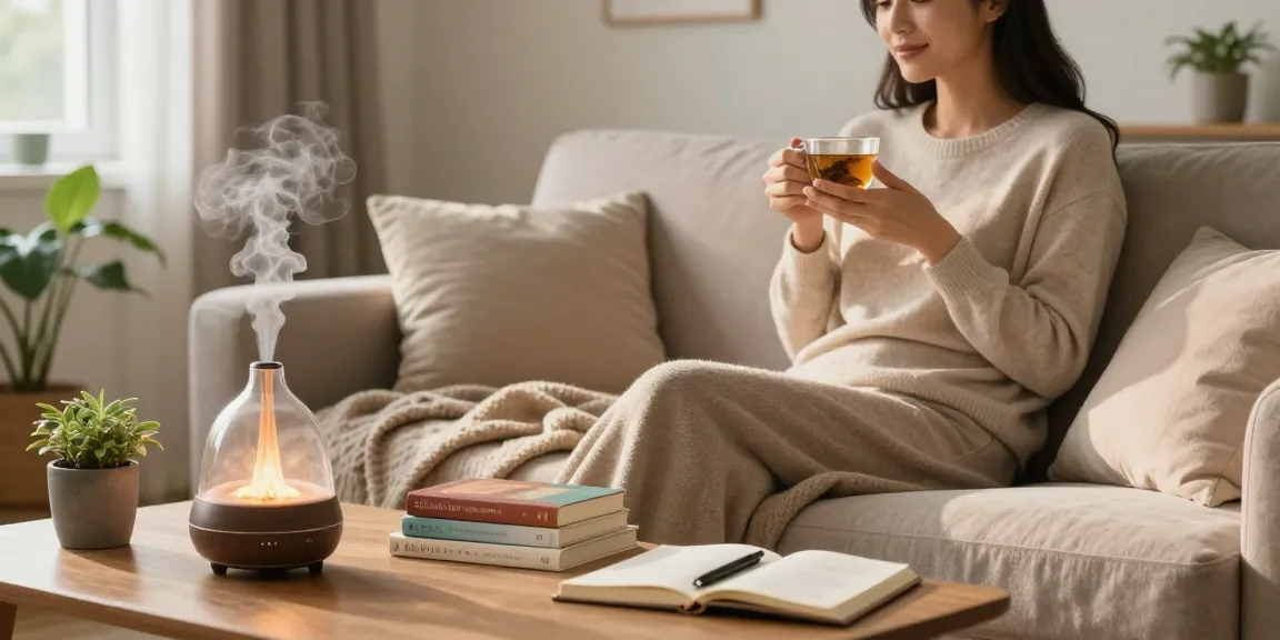 Confort urinaire femme - woman enjoying herbal tea in a serene home setting promoting wellness.