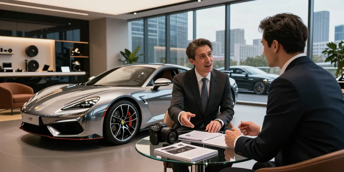 Menampilkan pengalaman pelanggan dengan LUXURY 777 di showroom mobil mewah, menekankan kemewahan dan kualitas layanan.
