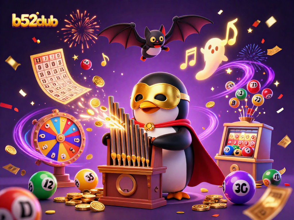 Engage with b52club's vibrant lottery and casino excitement featuring a dynamic cartoon scene.