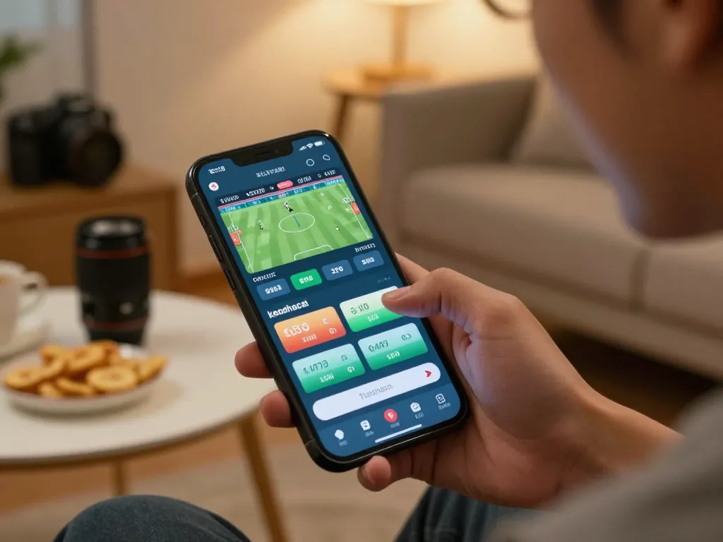 Engaging with keonhacai while placing live sports bets on a smartphone in a cozy setting.
